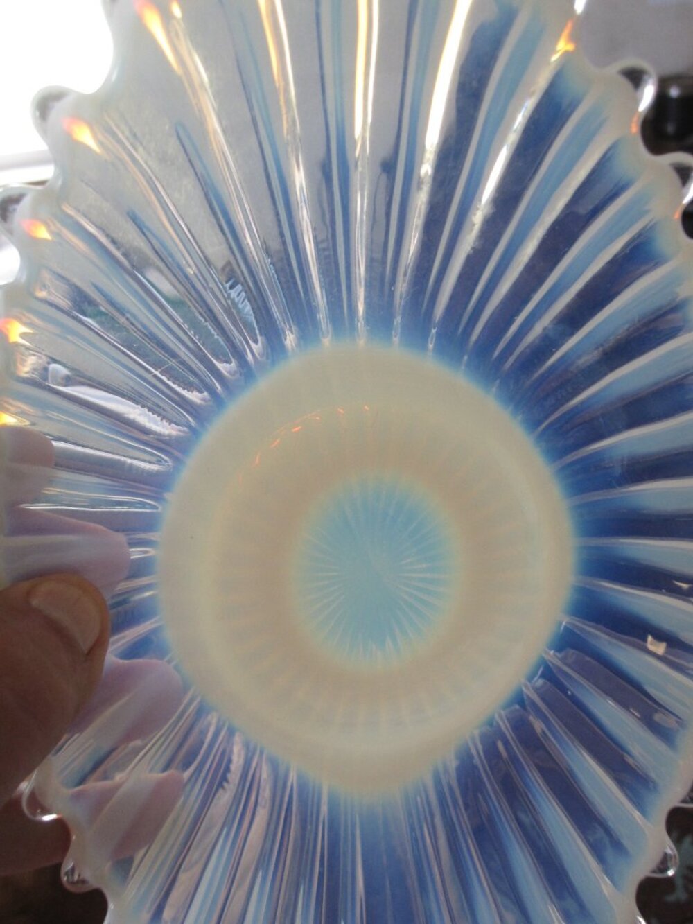 old Hobnail Opalescent 8" x 5" drip edge glass Candy Dish, White &  Blue
